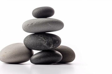 Smooth grey stones balanced in a stack with sea pebbles, isolated on white background. Generative AI