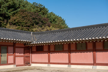 Hwaseong Haenggung, temporary palace where the king used to stay when he traveled outside of Seoul, South Korea. with the autumn nature background. It is famous as K-drama filming location.