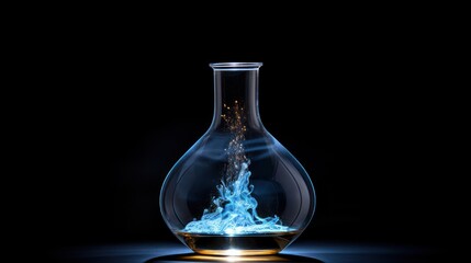 Obraz na płótnie Canvas a glass vase filled with blue liquid on top of a black surface with a blue flame coming out of it.