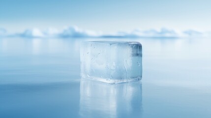  an ice block sitting in the middle of a body of water with icebergs floating on the water in the background.