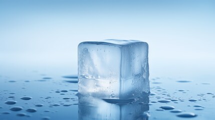  an ice cube sitting on top of a table covered in drops of water with a blue sky in the background.