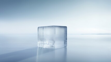  an ice block sitting in the middle of a body of water with a bright blue sky in the back ground.