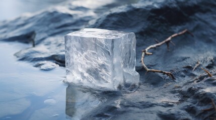  a block of ice sitting on top of a body of water next to a pile of branches and a twig.