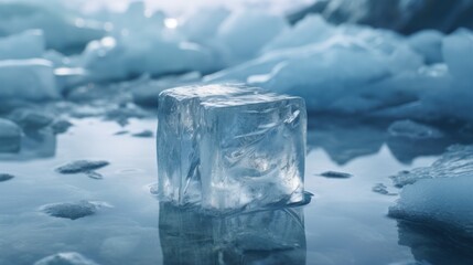  a block of ice sitting on top of a table covered in rocks and ice flakes on top of a puddle of water.