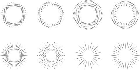Vintage sunburst set. Bursting rays sunrise firework starburst blast, Radiant Spark. Rays. Geometric Design Elements. Retro radiant sunburst, starburst hand drawn label, sun rays. Vector