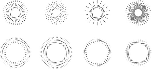 Vintage sunburst set. Bursting rays sunrise firework starburst blast, Radiant Spark. Rays. Geometric Design Elements. Retro radiant sunburst, starburst hand drawn label, sun rays. Vector