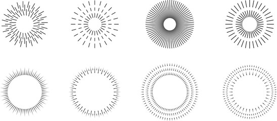 Vintage sunburst set. Bursting rays sunrise firework starburst blast, Radiant Spark. Rays. Geometric Design Elements. Retro radiant sunburst, starburst hand drawn label, sun rays. Vector