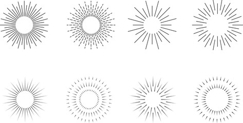 Vintage sunburst set. Bursting rays sunrise firework starburst blast, Radiant Spark. Rays. Geometric Design Elements. Retro radiant sunburst, starburst hand drawn label, sun rays. Vector