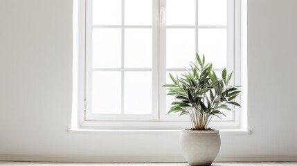  a potted plant sits in front of a window in a white room with sunlight streaming through the window panes.