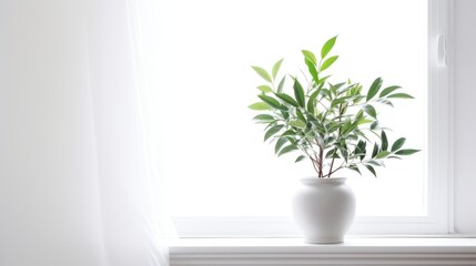  a potted plant sitting on a window sill in front of a window sill with sunlight coming through the window.