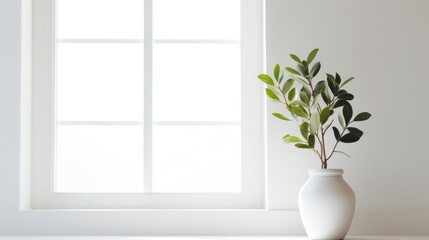  a white vase with a plant in it sitting in front of a window with sunlight coming through the window panes.