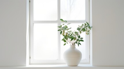  a white vase sitting on a window sill next to a window sill with a green plant in it.