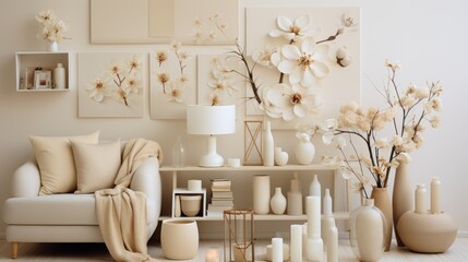  a living room filled with lots of white vases and a white couch next to a wall with pictures on it.