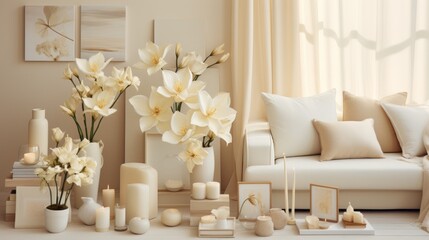 Fototapeta na wymiar a living room filled with a white couch and a white table topped with vases filled with flowers and candles.