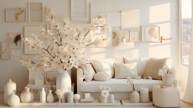  a living room with a white couch and a white vase with flowers in it and a bunch of framed pictures on the wall.