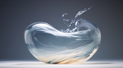 a glass apple shaped like a wave with water splashing out of it's center, on a gray background.