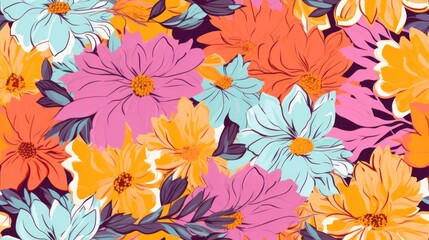 Fototapeta na wymiar a bunch of colorful flowers that are on a blue and pink background with orange, pink, and white flowers.