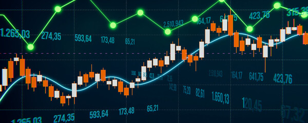 Chart moving up and down, volatile market. Stock market and exchange. Business, investment, wealth, research, data.