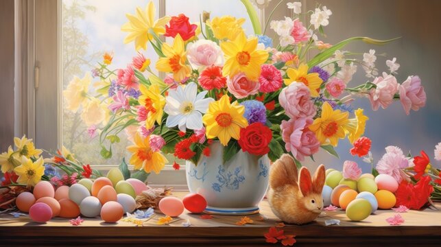  a painting of a vase full of flowers, eggs, and a bunny sitting in front of a bunch of flowers.