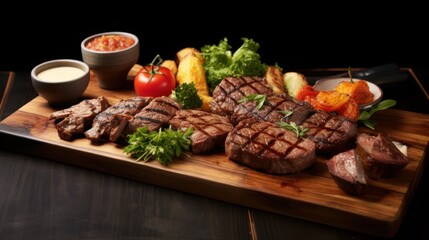  a wooden cutting board topped with steak, potatoes, tomatoes, lettuce and a side of ketchup.