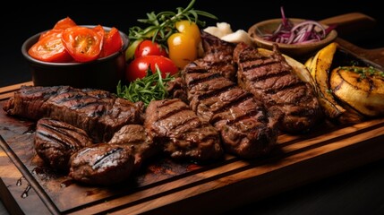  a wooden cutting board topped with meat and veggies next to a bowl of fruit and a bowl of salad.