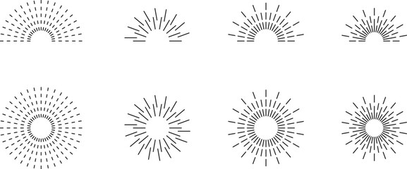 Vintage sunburst set. Bursting rays sunrise firework starburst blast, Radiant Spark. Rays. Geometric Design Elements. Retro radiant sunburst, starburst hand drawn label, sun rays. Vector