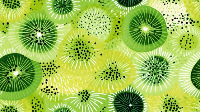  a close up of a green and yellow pattern with circles and dots on the bottom of the image and a black dot in the middle of the circle.
