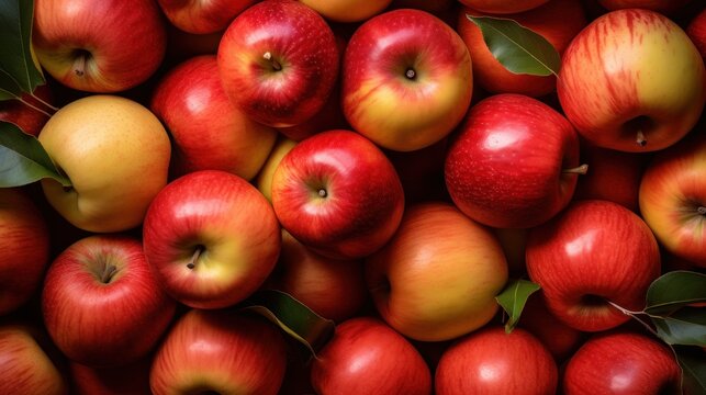  a pile of red and yellow apples with green leaves on the top of the apples and the bottom of the apples on the bottom of the apples.