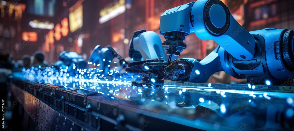 Poster blurred bokeh background showcasing precise and accurate robotic arm performing delicate task