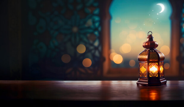 Ramadan Lantern on wooden table.Decoration lamp.