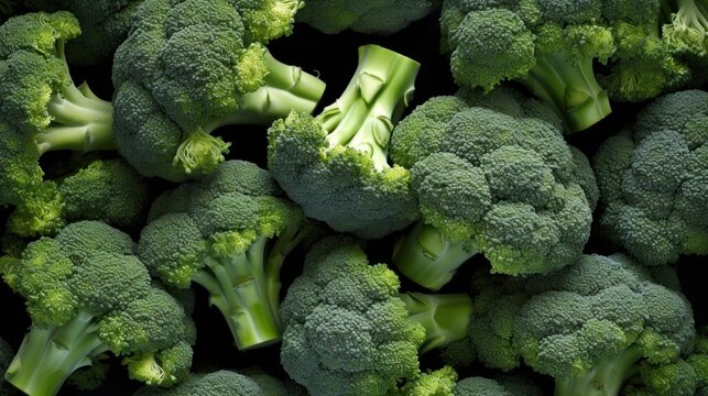  a pile of green broccoli florets piled on top of each other in a close up picture.