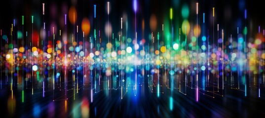 Abstract blurred bokeh background with financial technology symbols and dynamic light streaks