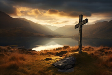 Old cross sits on a mound field at sunrise, traditional british landscapes, mountainous Scottish vistas. Celtic Religion, Historical Site