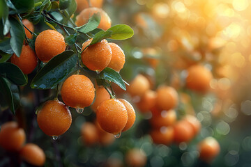Sun-kissed oranges still attached to the tree,