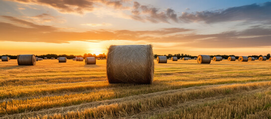 Rural farm background with hay bales at sunset. Rustic countryside view with a stunning sunset above a vast field of rolled straw