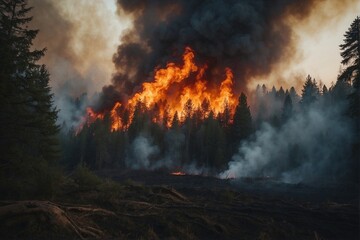 Forest fire: massive flames, thick smoke, natural disaster