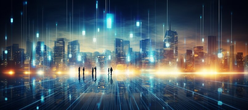 Glowing cityscape with drones delivering financial services in a tech integrated banking industry