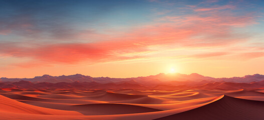 Sunrise over sunset against the sand dunes, of a red desert landscapes. sand dune knoll with a stunning desert sunset backdrop, background. - obrazy, fototapety, plakaty