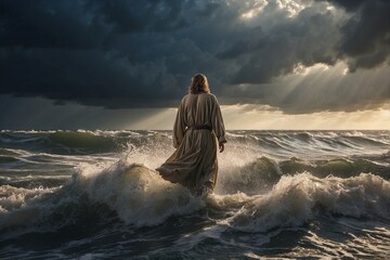A young man in the likeness of Jesus Christ walks on the sea against the sun and sky - obrazy, fototapety, plakaty