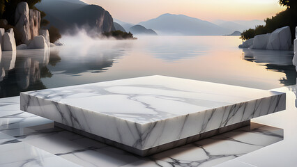 white marble pedestal surface reflects sparkling white water and a blank background with flames and mist as the placement scene. abstract background empty backdrop of scintillating.