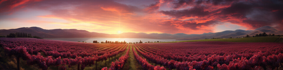 French sunset in the vineyards with grapes and mountains. Landscape vista - obrazy, fototapety, plakaty
