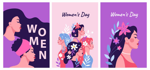 A set of postcards. beautiful women with flowers in their hair. Side view of the girls. International Women's Day. Equality and feminism