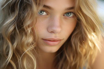 Naklejka premium Face of young natural beautiful woman with blue eyes and wavy blond hair