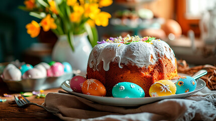 Easter cake and eggs on the table. Selective focus.