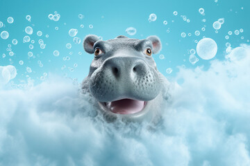 Submerged Power: Close-up Portrait of a Cute Baby Hippopotamus, Wet and Looking with Fat Eyes and Teeth, Swimming in a Dangerous African River - obrazy, fototapety, plakaty