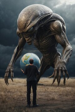 Angry enormous alien holding Earth globe, concept of extraterrestrial intelligence