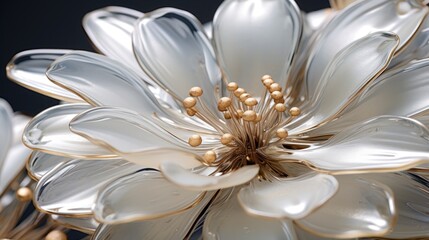  a close up view of a white flower with gold stamens and stamens on it's petals.