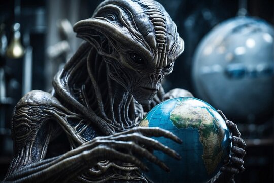 Angry enormous alien holding Earth globe, concept of extraterrestrial intelligence