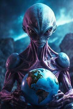 Angry enormous alien holding Earth globe, concept of extraterrestrial intelligence