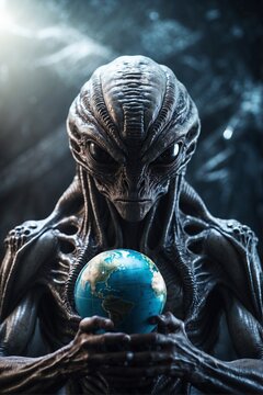 Angry enormous alien holding Earth globe, concept of extraterrestrial intelligence